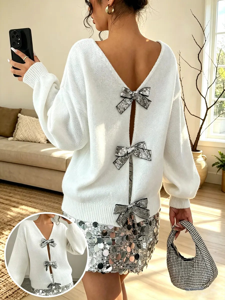 Retro Front Back Reversible Bow Art Casual Stylish Long Sleeve Knitted Sweater