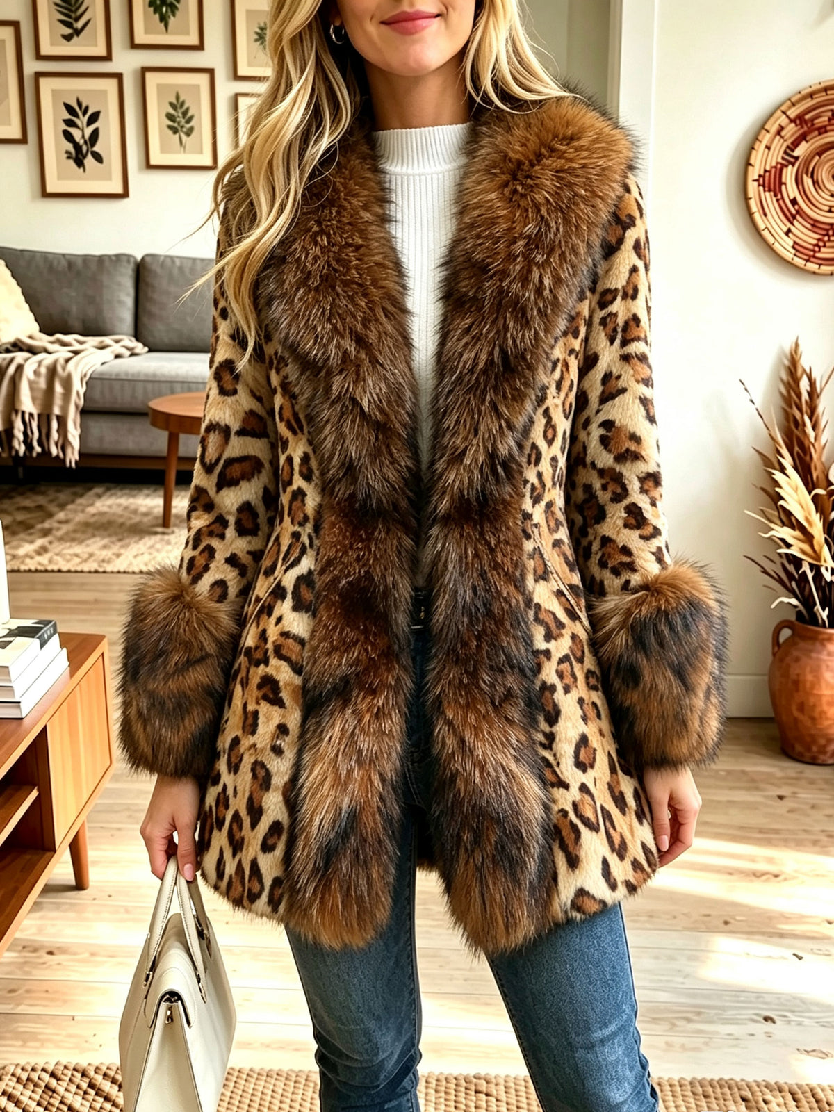 Leopard Print Faux Fur Trim Coat, Women Long Sleeve Fuzzy Winter Outerwear Jacket