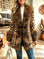 Leopard Print Faux Fur Trim Coat, Women Long Sleeve Fuzzy Winter Outerwear Jacket