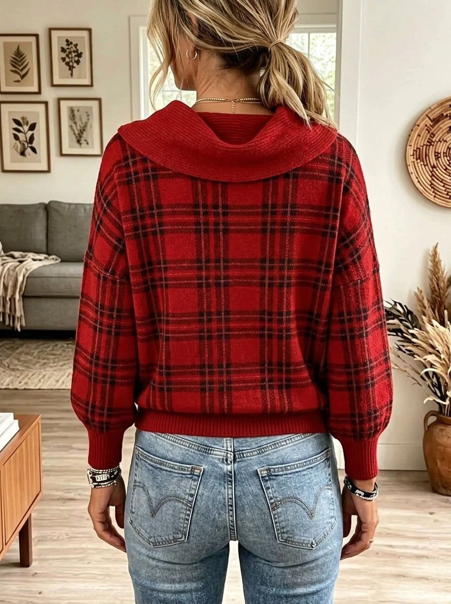 Women's Plaid Cowl Neck Slouchy Knit Sweater