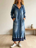 Retro Hooded Zip Art Casual Long Sleeve Stylish Denim Long Dress