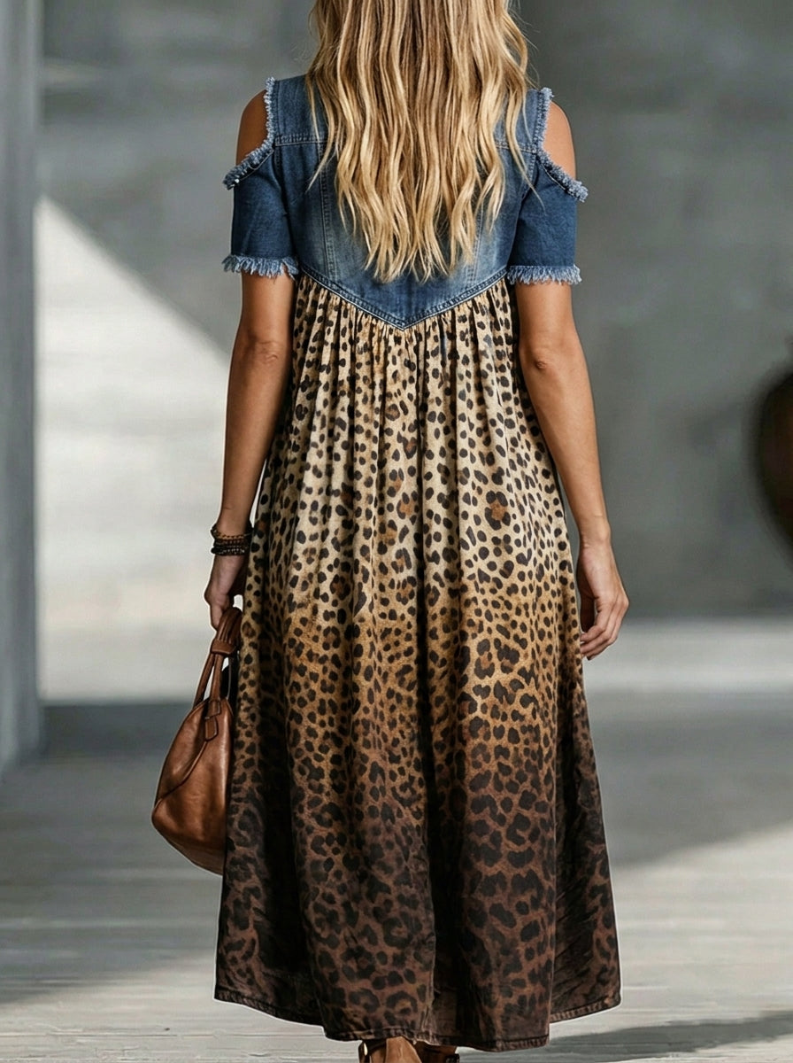 Women's Denim Spliced Leopard Print Cold Shoulder Maxi Dress