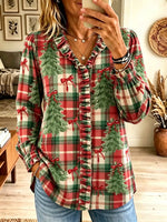 Women's Christmas Tree Plaid Ruffled Button-Down Shirt