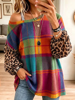 Vintage Elegant Leopard Print Patchwork Waffle Off-shoulder Shirt