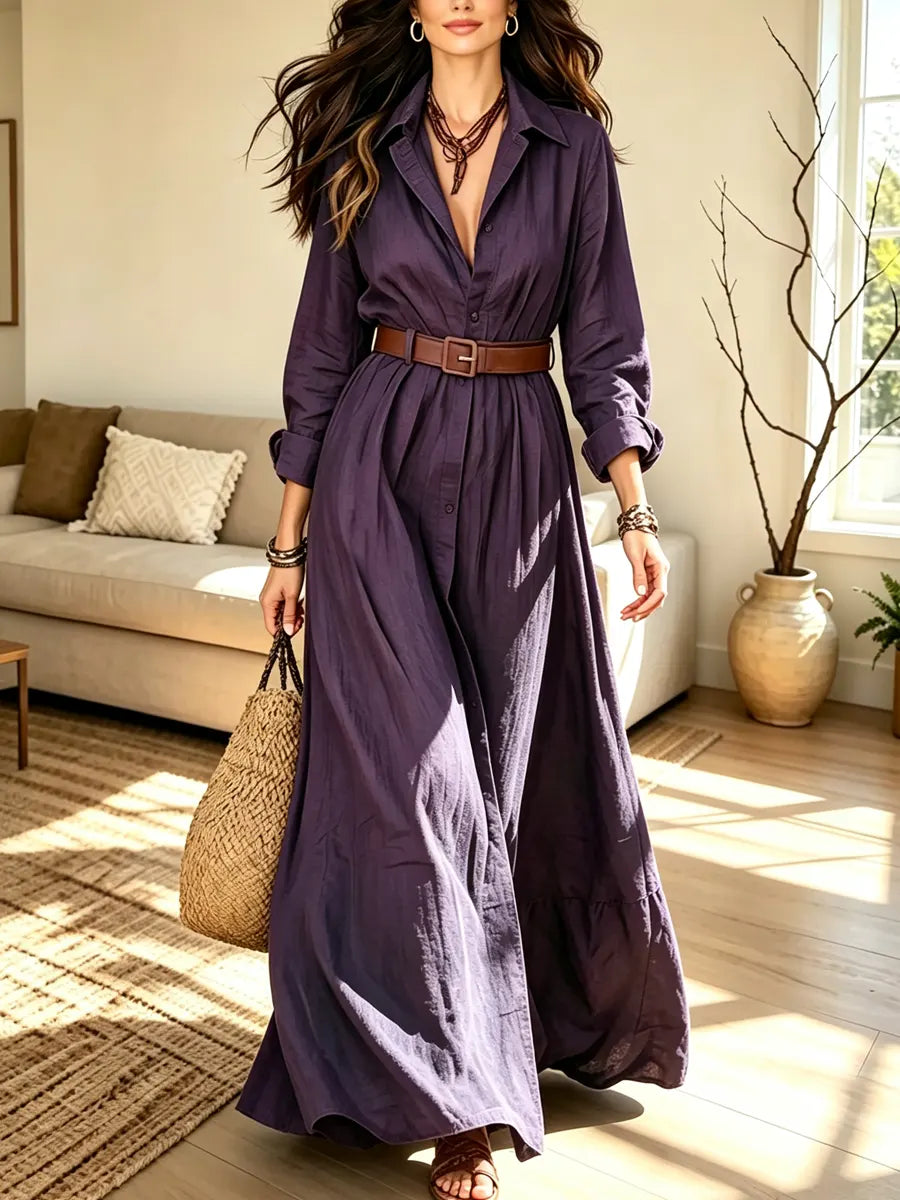 Retro Solid Color Art Casual Stylish Lapel Long Sleeve Maxi Dress