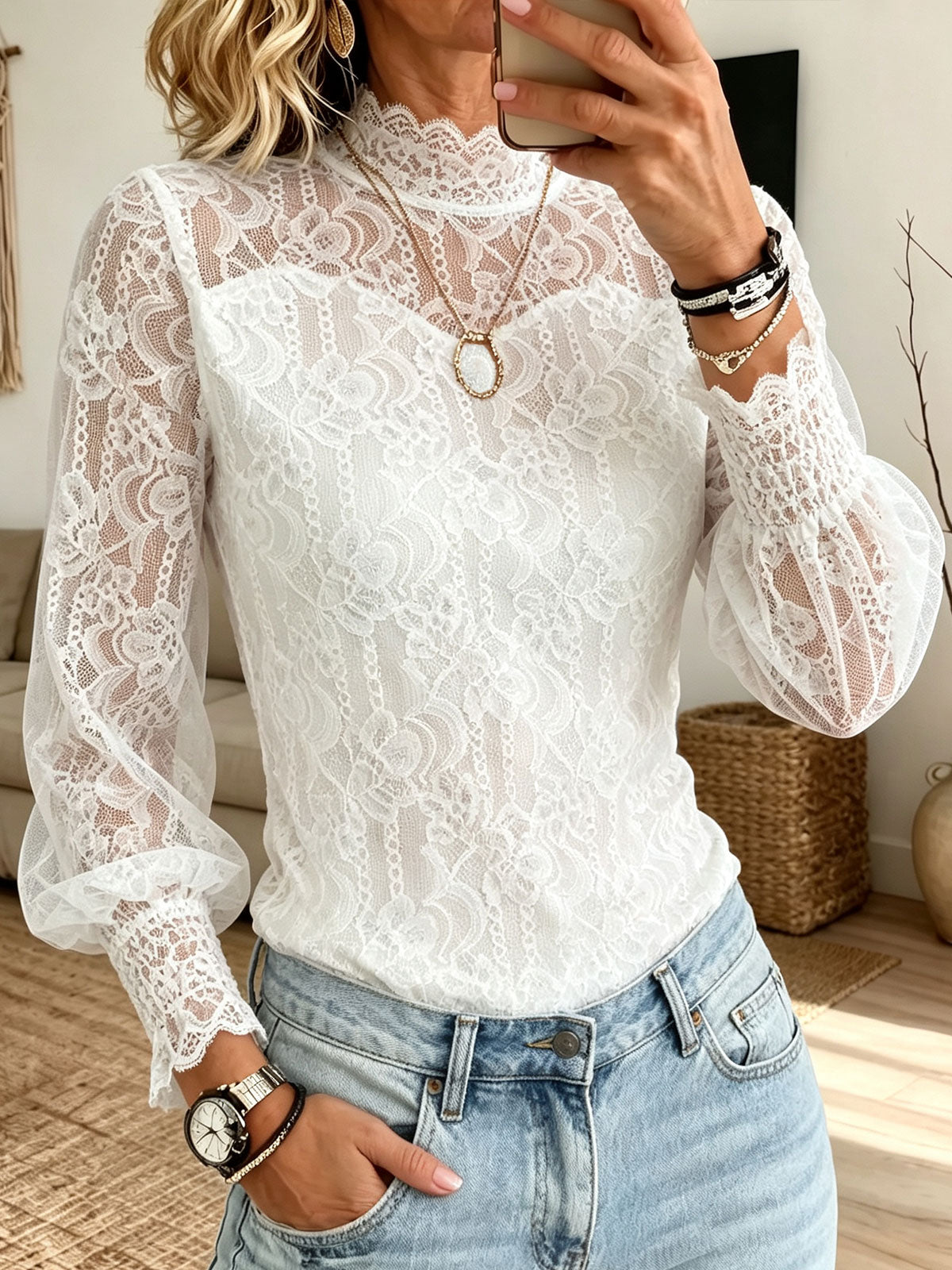 Women Long Puff Sleeve Elegant See‑through High Neck Floral Lace Blouse Top