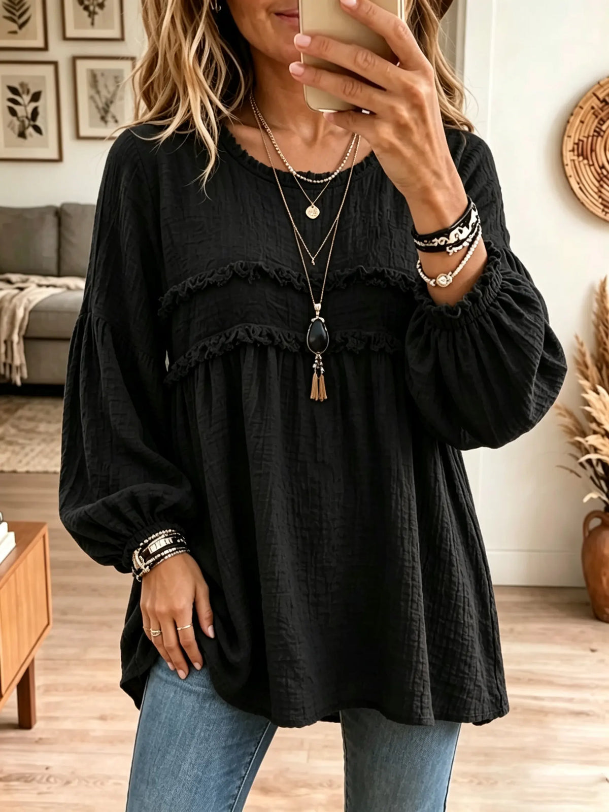 Women's Textured Crinkle Ruffle Babydoll Tunic Blouse