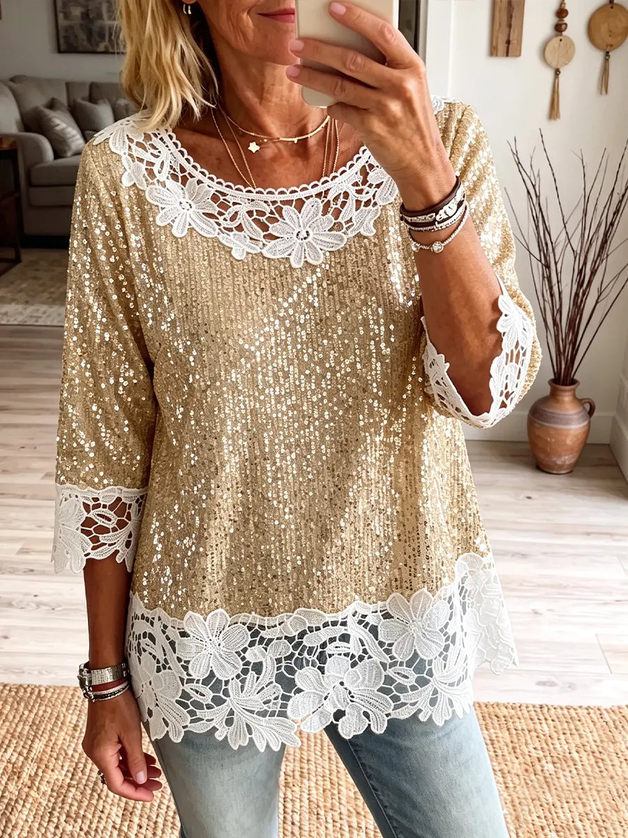 Vintage Elegant Sequins Patchwork Openwork Lace Shirt