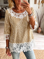 Vintage Elegant Sequins Patchwork Openwork Lace Shirt