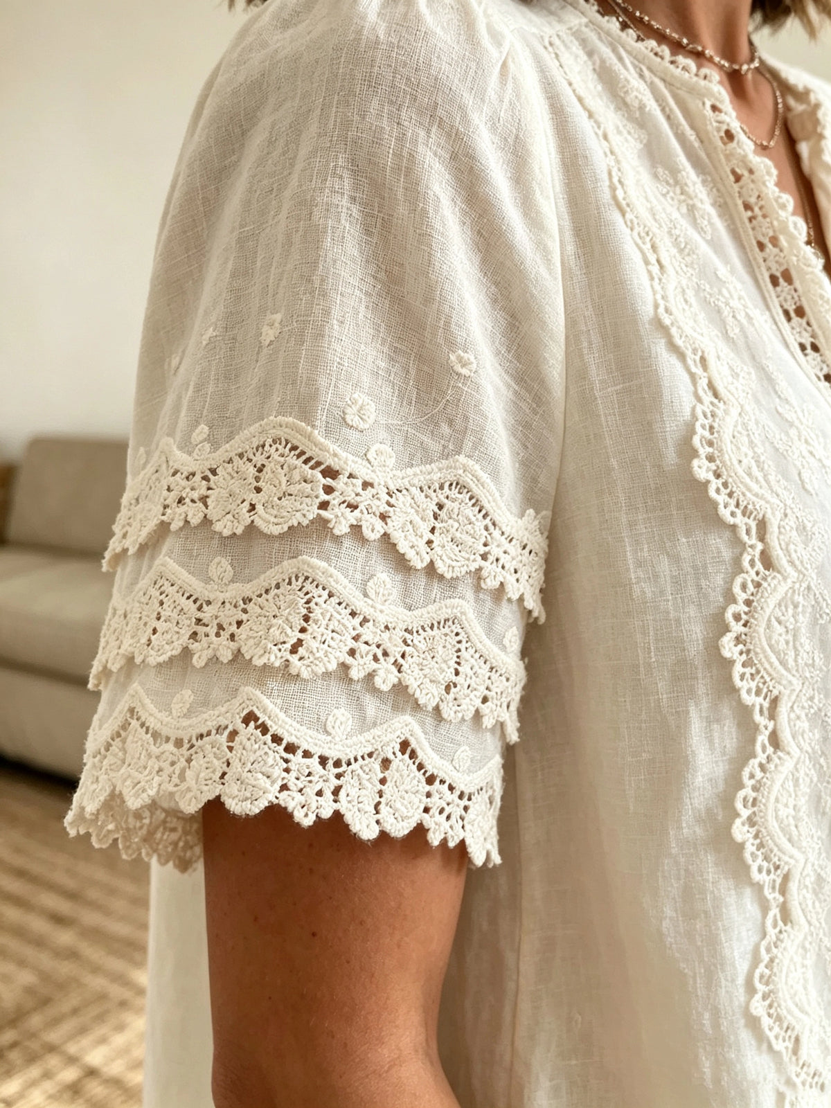 Women's Crochet Lace Inset Short Sleeve Blouse