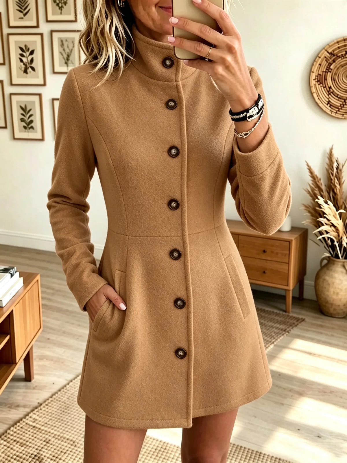 Women's Stand Collar Button-Front Woolen Coat Dress