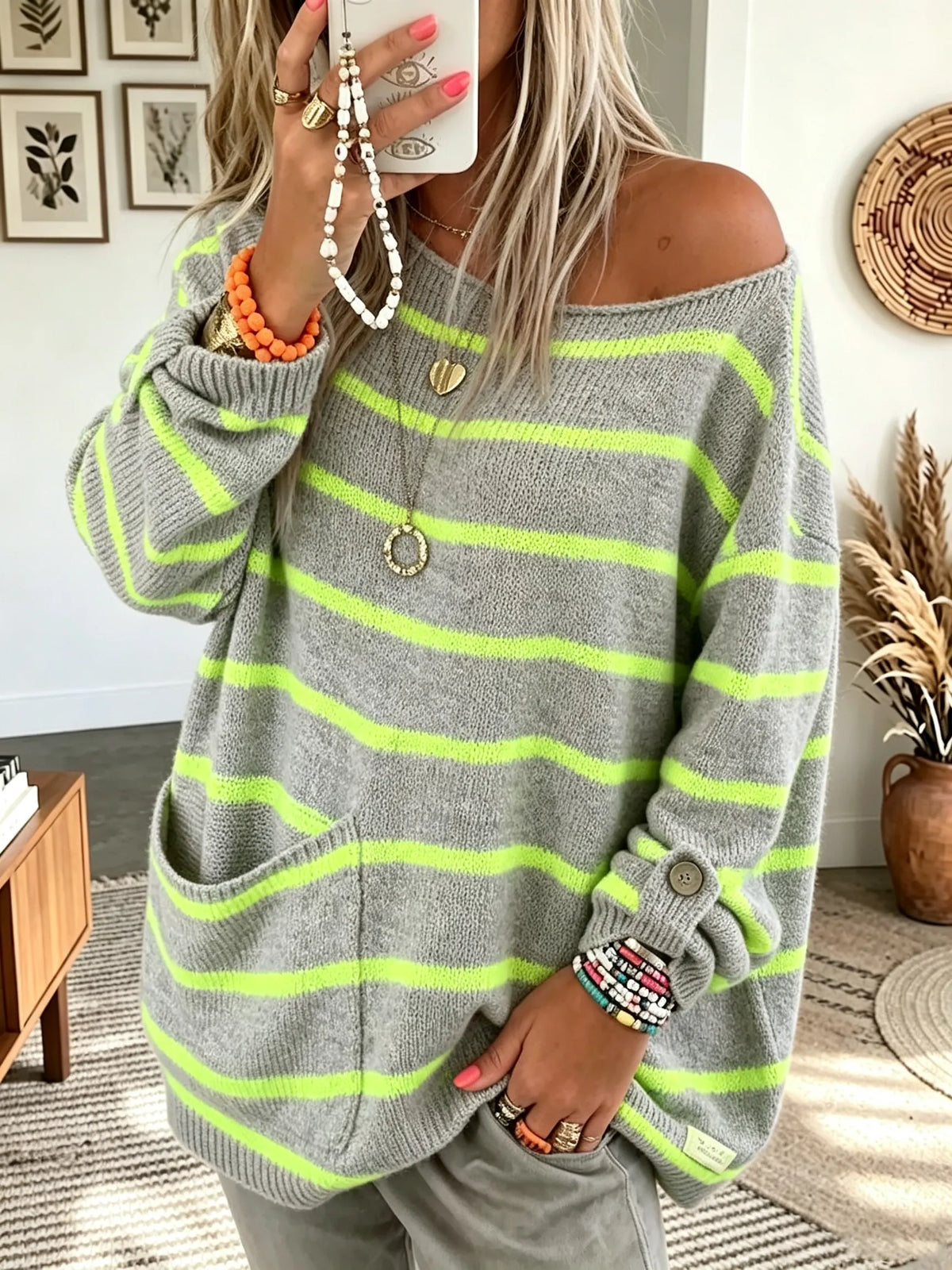Women's Striped Knit Oversized Pocket Sweater