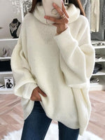 Women Oversized Turtleneck Ribbed Knit Slit Hem Sweater