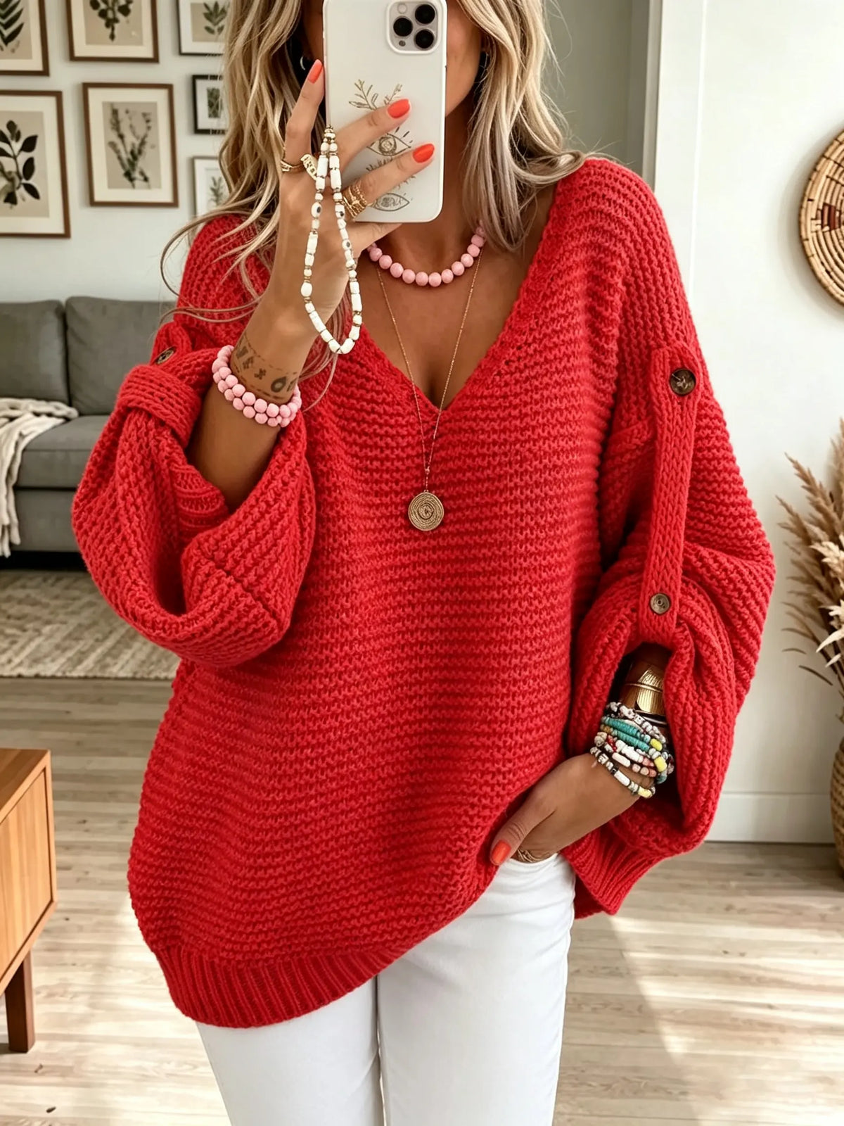 Women's Button V-Neck Knit Sweater
