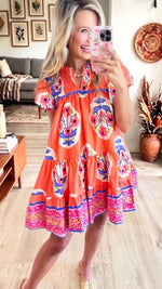 Bohemian Floral Print Smocked Short Sleeve Tiered Mini Dress