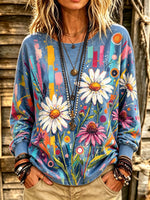 Women's Abstract Painted Daisy Print Long Sleeve Top