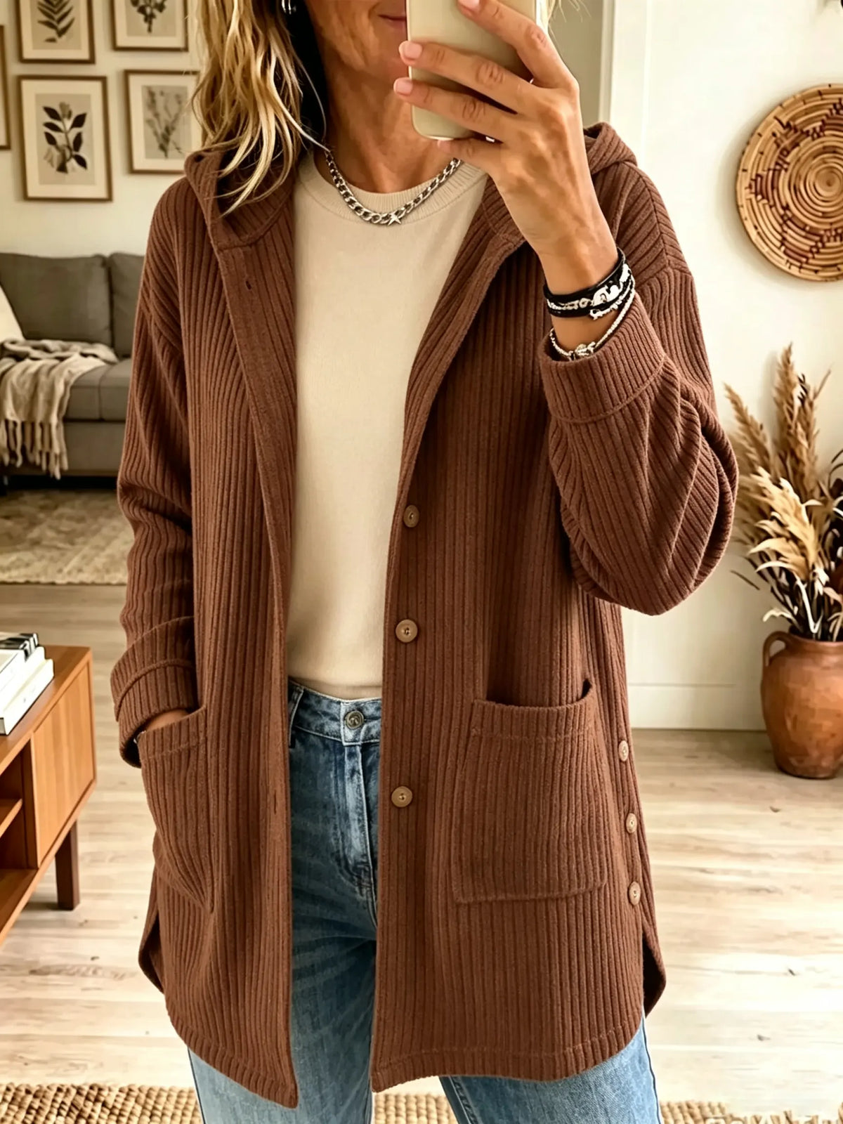 Women's Button-Down Hooded Ribbed Longline Cardigan