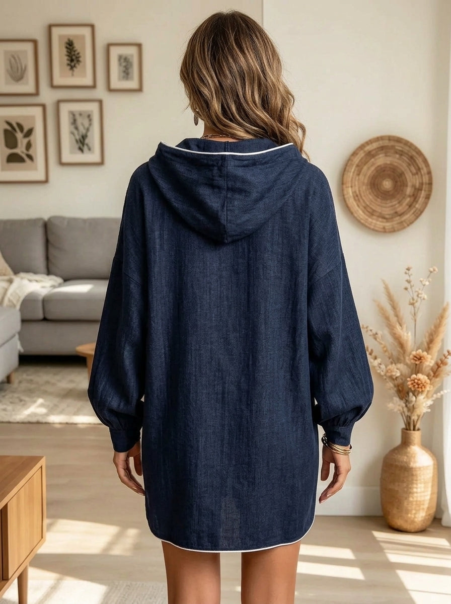 Women's Contrast Piping Drawstring Hooded Denim Dres