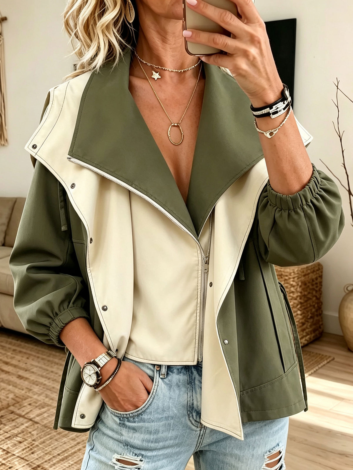 Color Block Lapel Zip Up Windbreaker Jacket, Women Elastic Cuff Casual Outerwear
