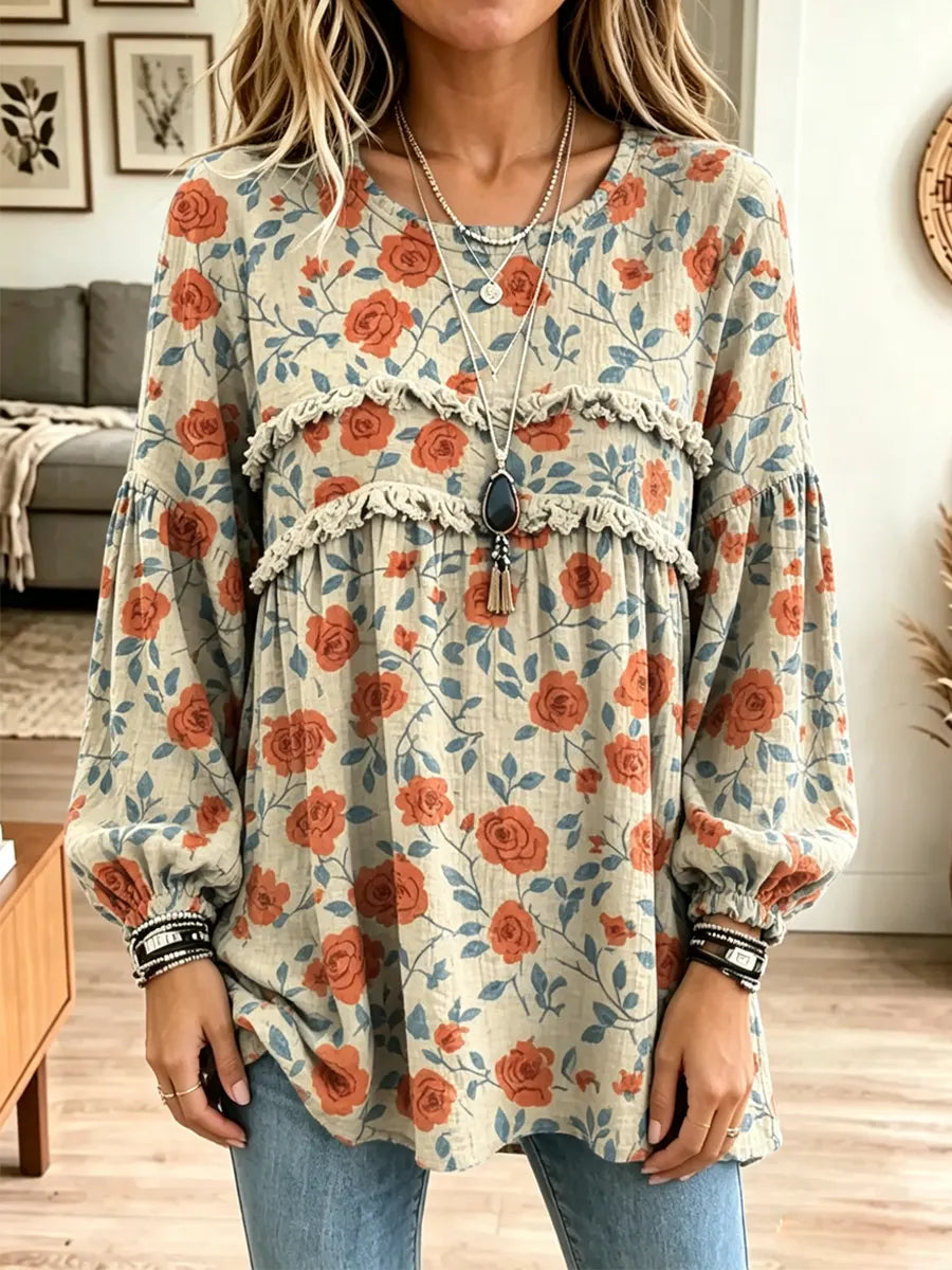 Retro Floral Pattern Art Print Casual Stylish Long Sleeve Cotton Linen Shirt