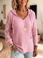 Retro Elegant Lace Hollow Patchwork Hooded Casual Long Sleeve Top