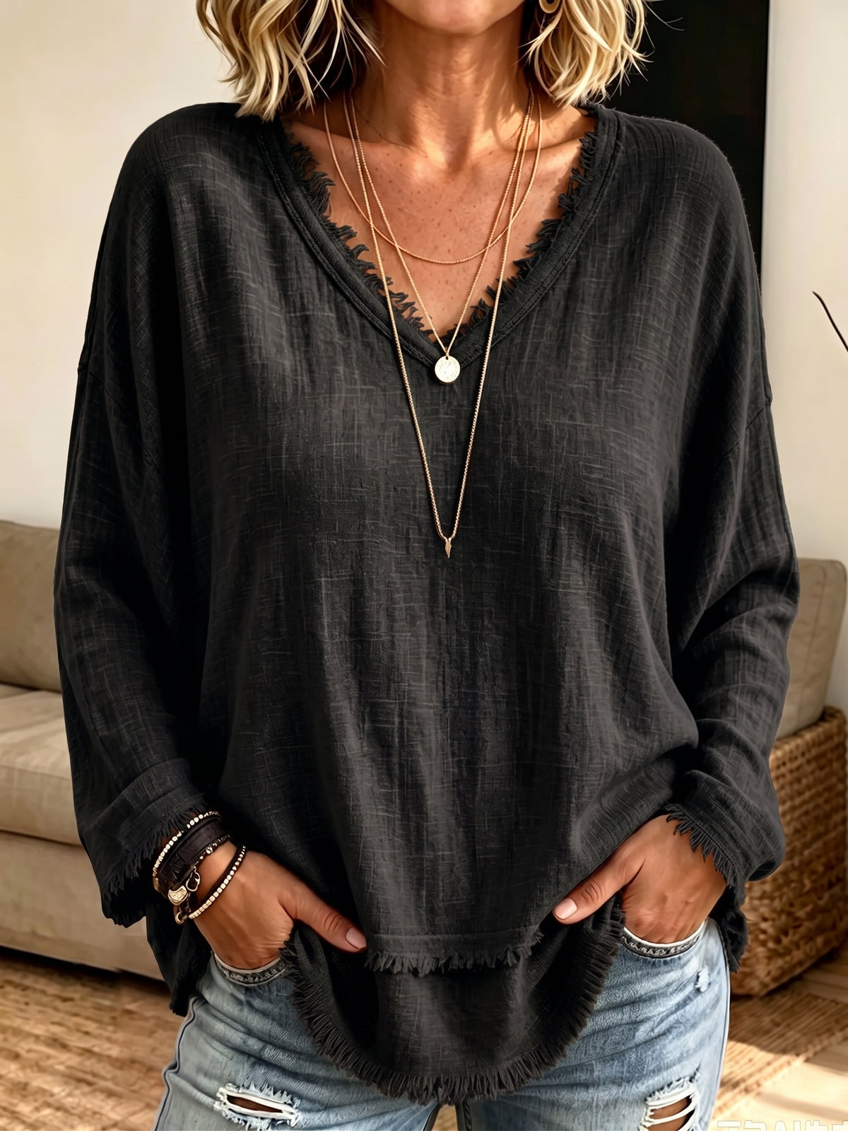 Women Frayed Edge V‑Neck Long Sleeve Top, Loose Textured Casual Blouse
