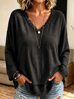 Women Frayed Edge V‑Neck Long Sleeve Top, Loose Textured Casual Blouse