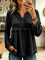 Women's Fringe Trim Henley Babydoll Blouse