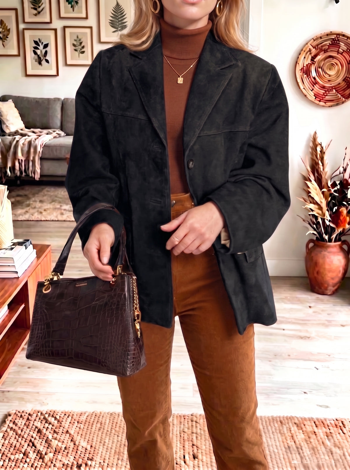 Vintage Suede Lapel Single‑Breasted Blazer Jacket Women Casual Coat