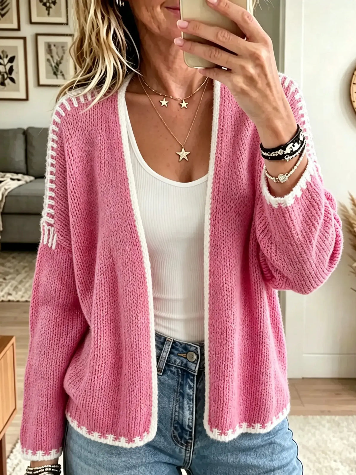 Women's Blanket Stitch Trim Open-Front Cardigan