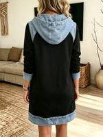 Retro Hooded Denim Patchwork Art Casual Stylish Long Sleeve Sweatshirt Dress