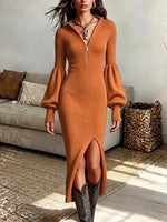 Vintage Elegant Zippered Knit Stand Collar Lantern Long Sleeve Slit Dress