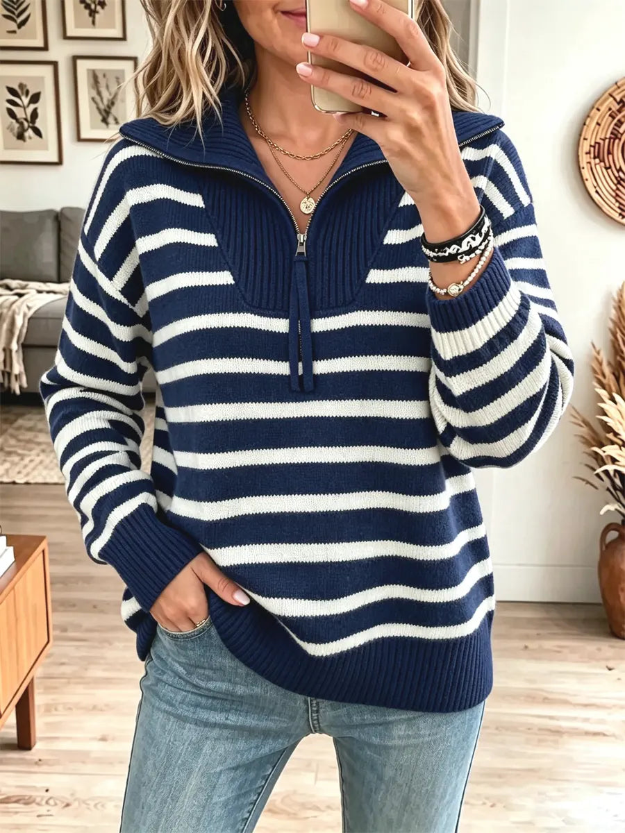 Elegant Stripe Pattern Zip Knit Art Casual Stylish Long Sleeve Sweater