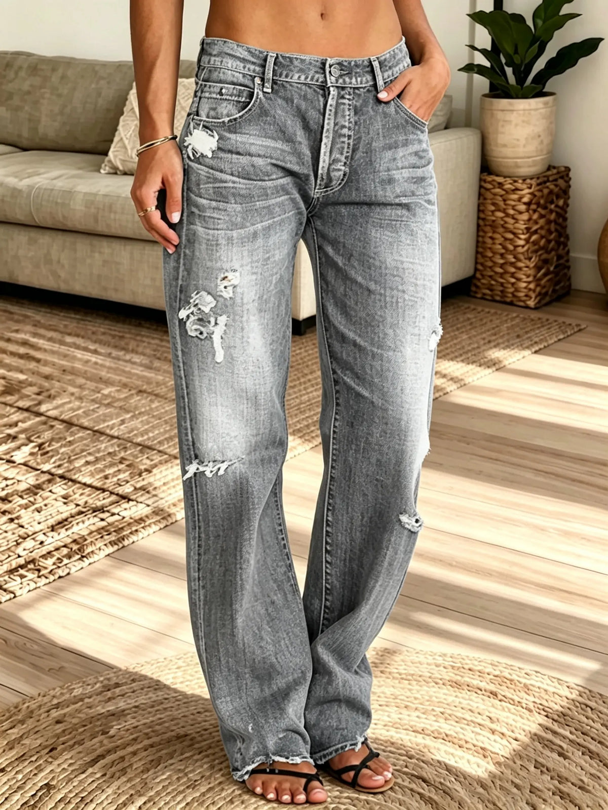 Women's Distressed High-Waisted Straight Jeans