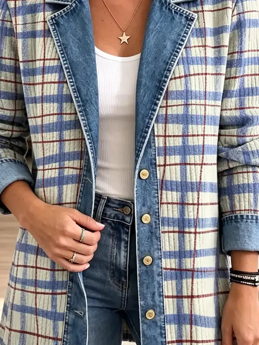 Retro Plaid Pattern Art Casual Denim Patchwork Stylish Long Sleeve Coat