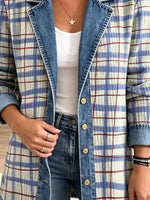 Retro Plaid Pattern Art Casual Denim Patchwork Stylish Long Sleeve Coat