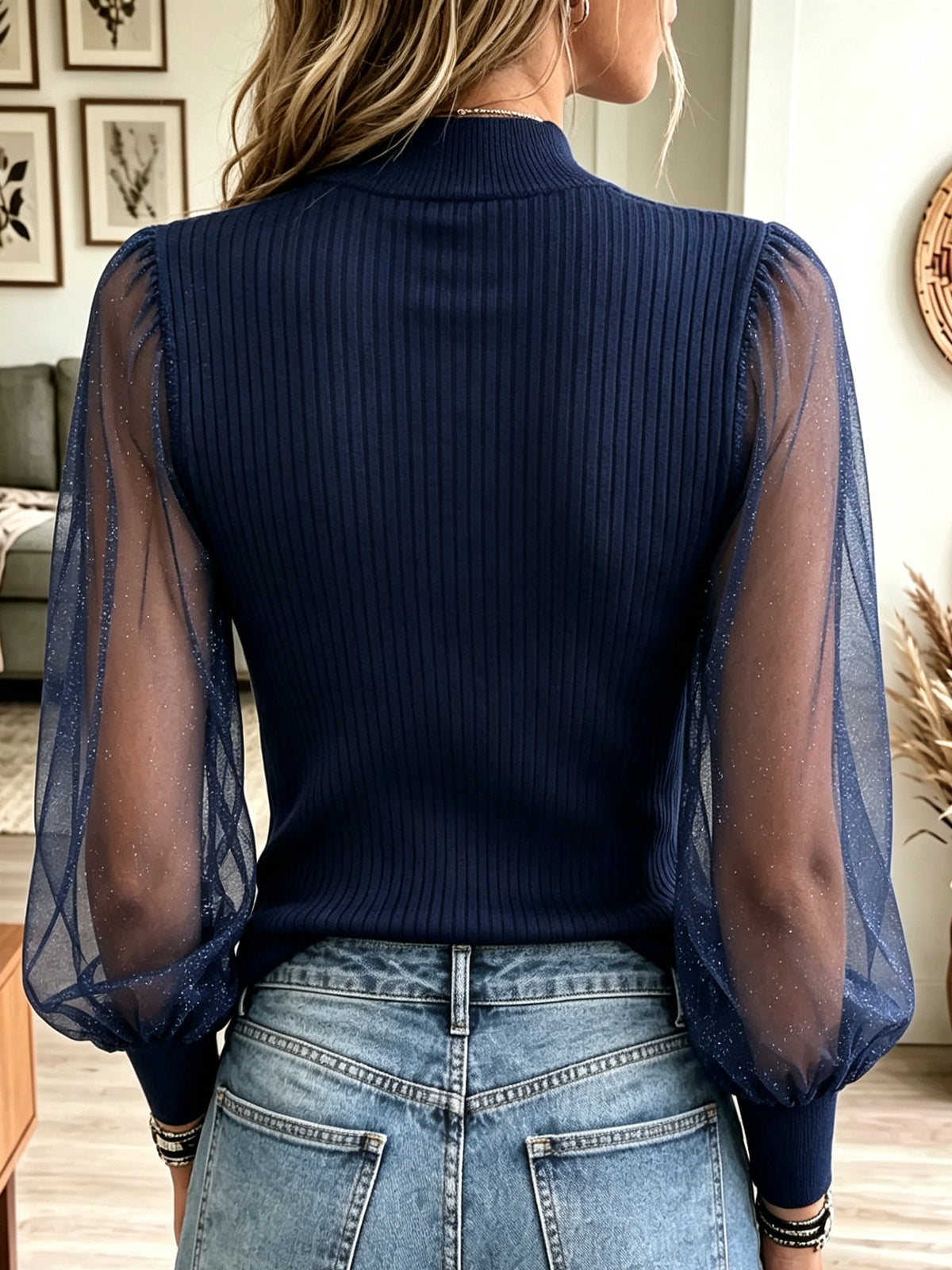 Women's Metallic Mock Neck Sheer Sleeve Top