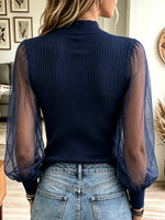 Women's Metallic Mock Neck Sheer Sleeve Top