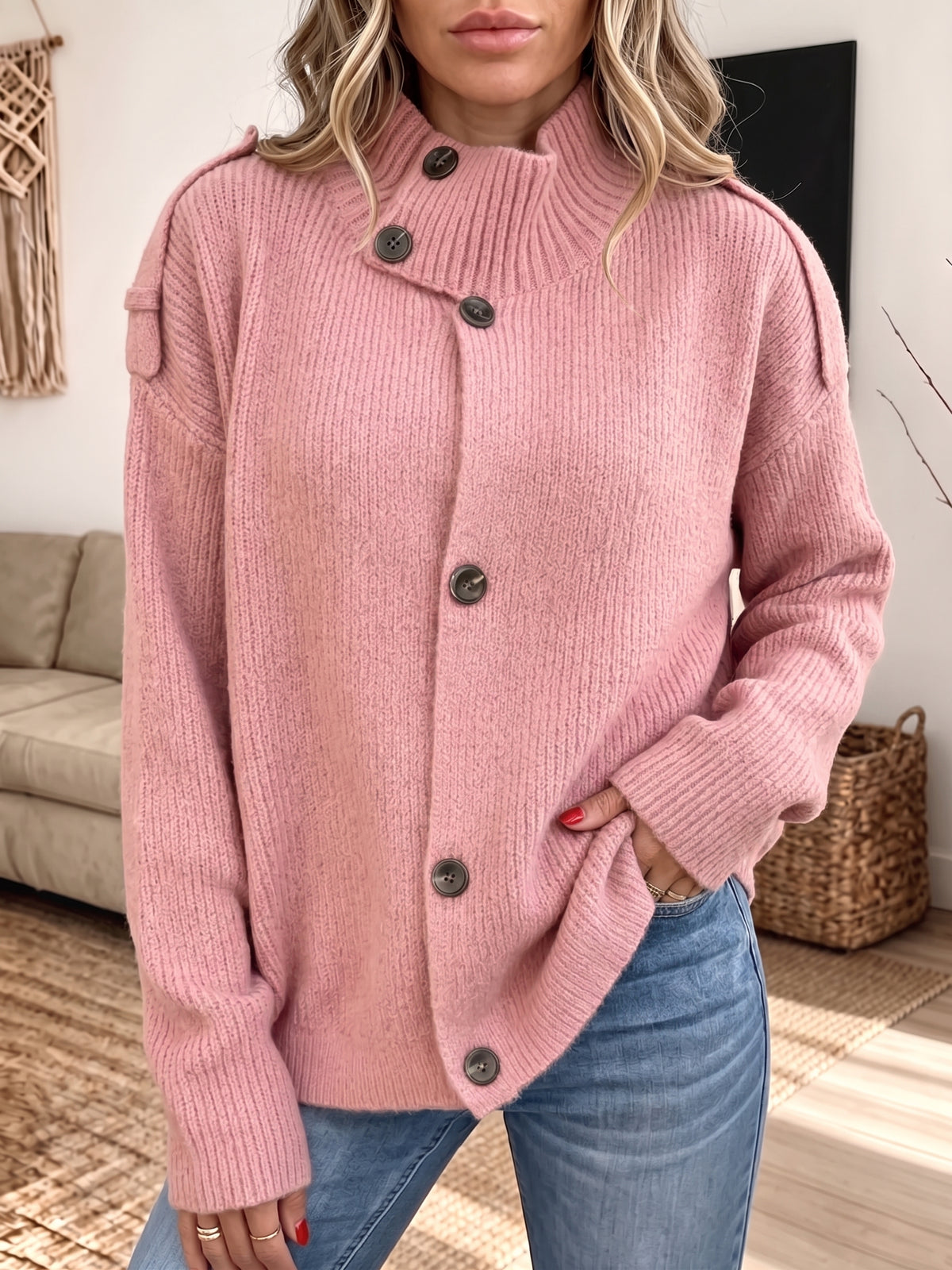 Stand Collar Button‑Down Shoulder Detail Knit Cardigan