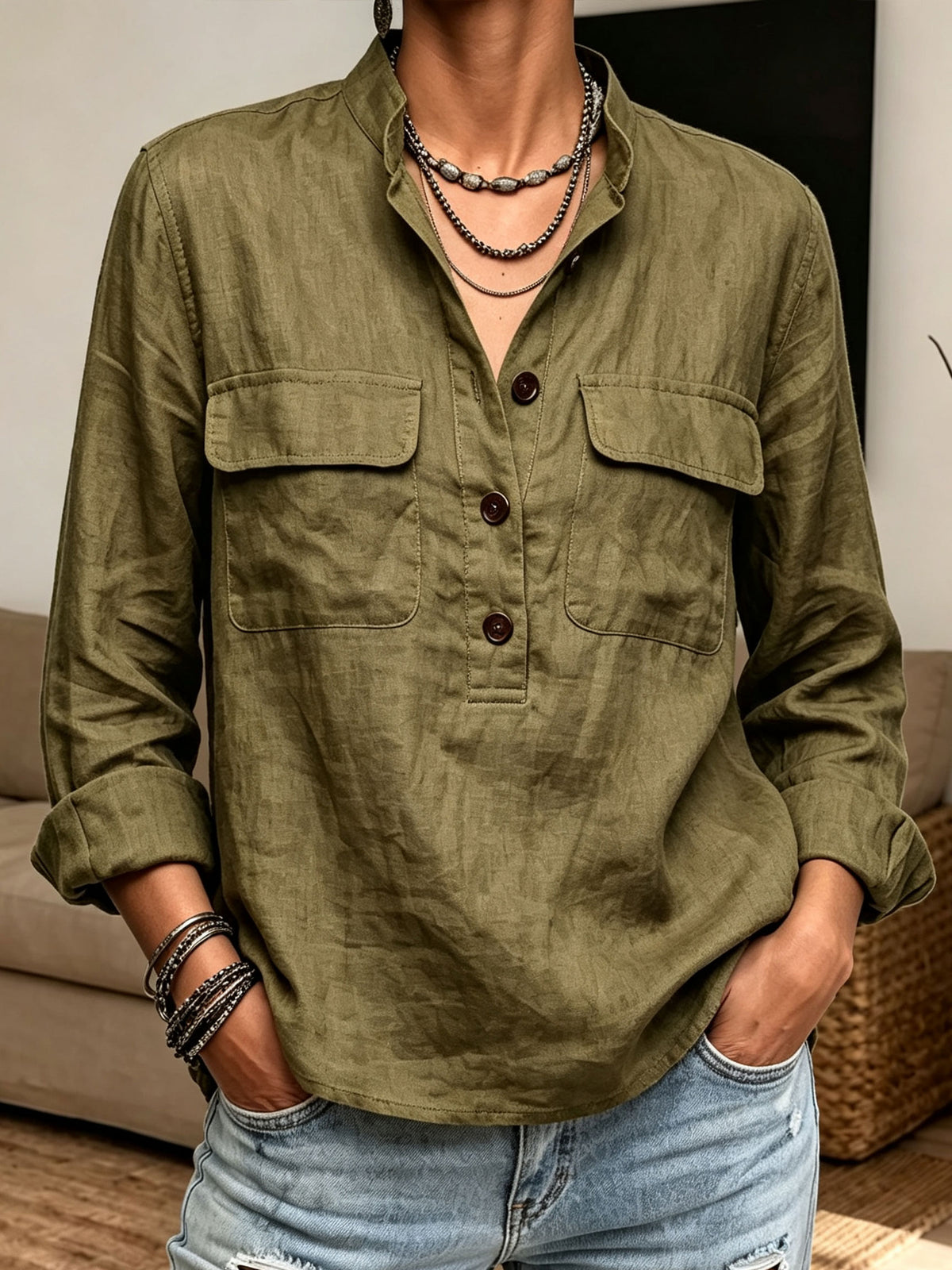 Stand Collar Half Button Pocket Linen Blend Blouse, Women Roll‑Up Long Sleeve Top