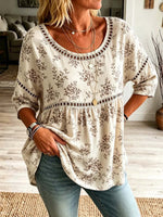 Retro Floral Pattern Art Print Casual Hollow Short Sleeve Cotton Linen Shirt