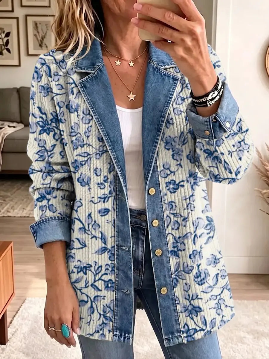 Retro Floral Pattern Art Casual Denim Patchwork Stylish Long Sleeve Coat