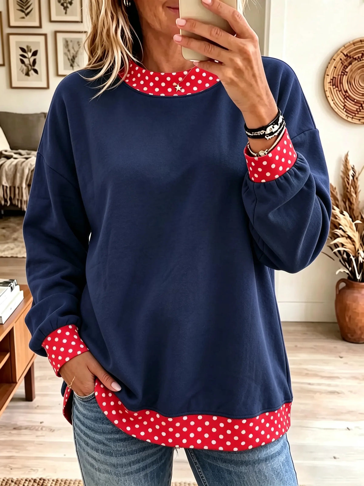 Women's Polka Dot Contrast Trim Crewneck Sweatshirt