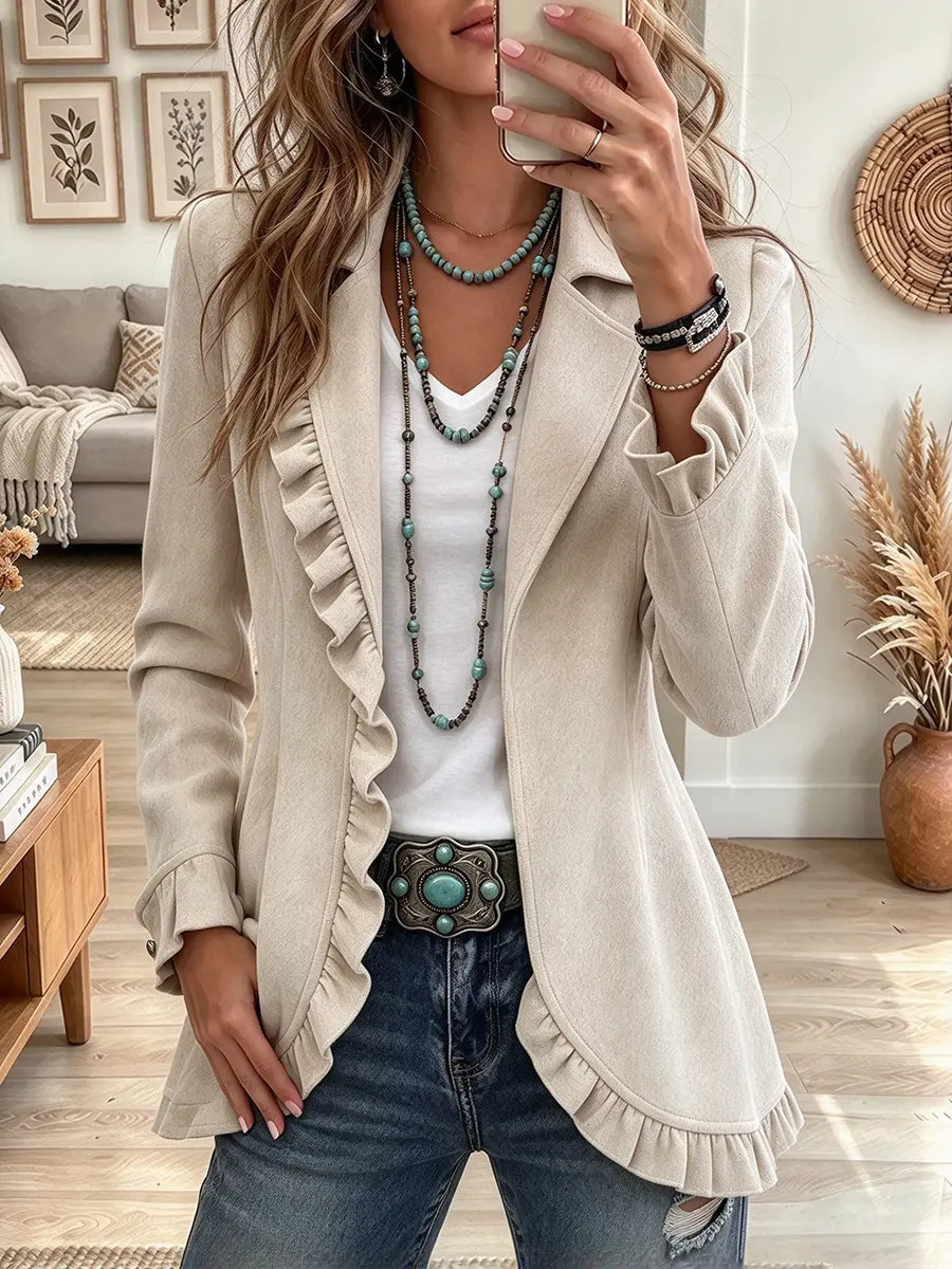 Women's Ruffled Lapel Open Front Jacket Long Sleeve Fitted Suede Look Casual Blazer Coat