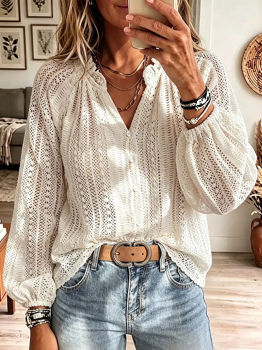 Vintage Elegant Hollow-out Lace V-neck Long-sleeved Shirt