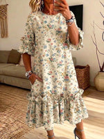 Retro Floral Pattern Art Print Casual Ruffle Stylish Cotton Linen Dress