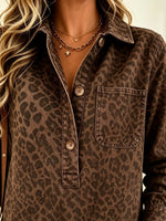 Women's Leopard Print Henley Denim Shirt Dress