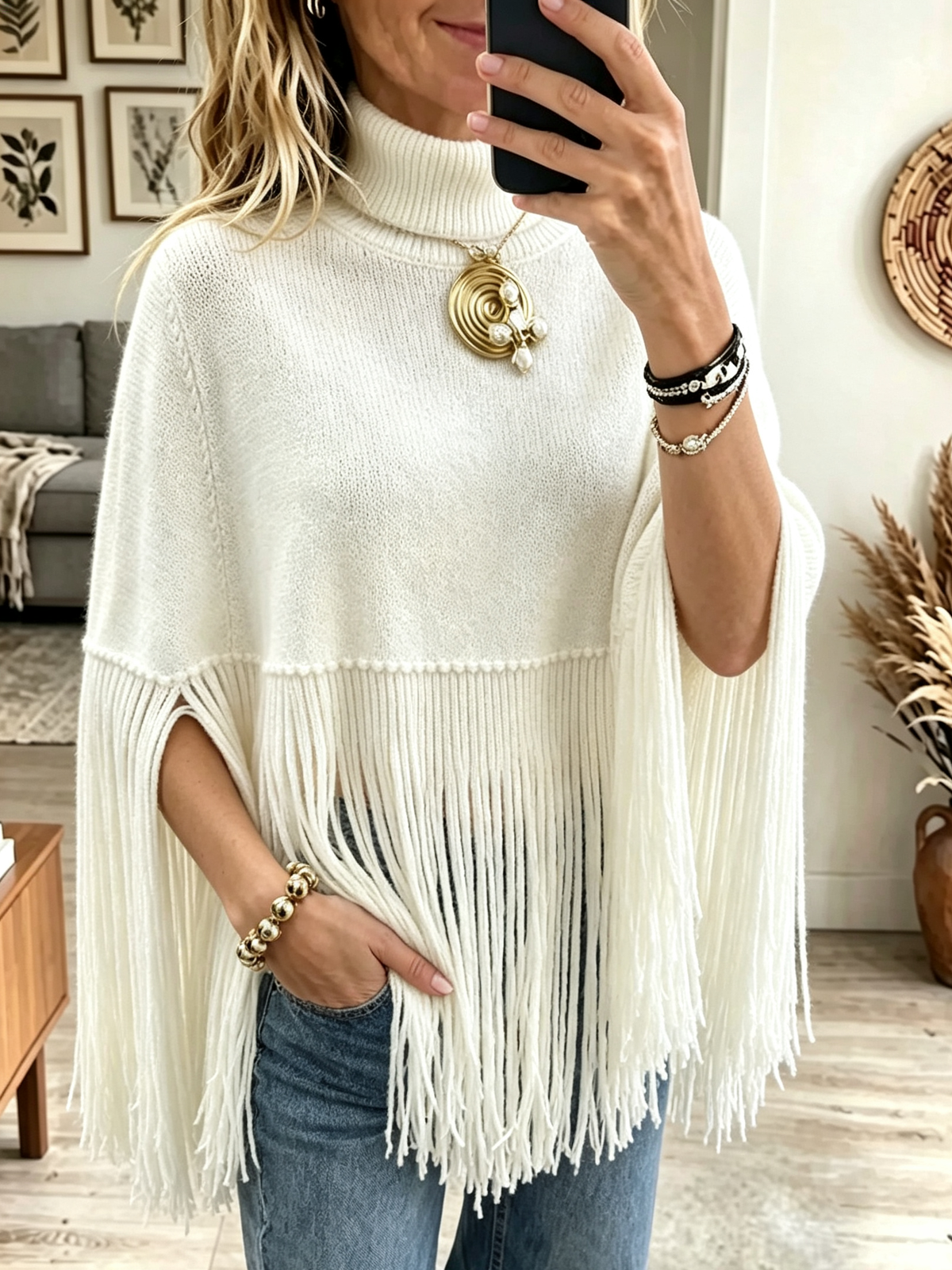 Women's Turtleneck Fringe Knit Poncho Sweater