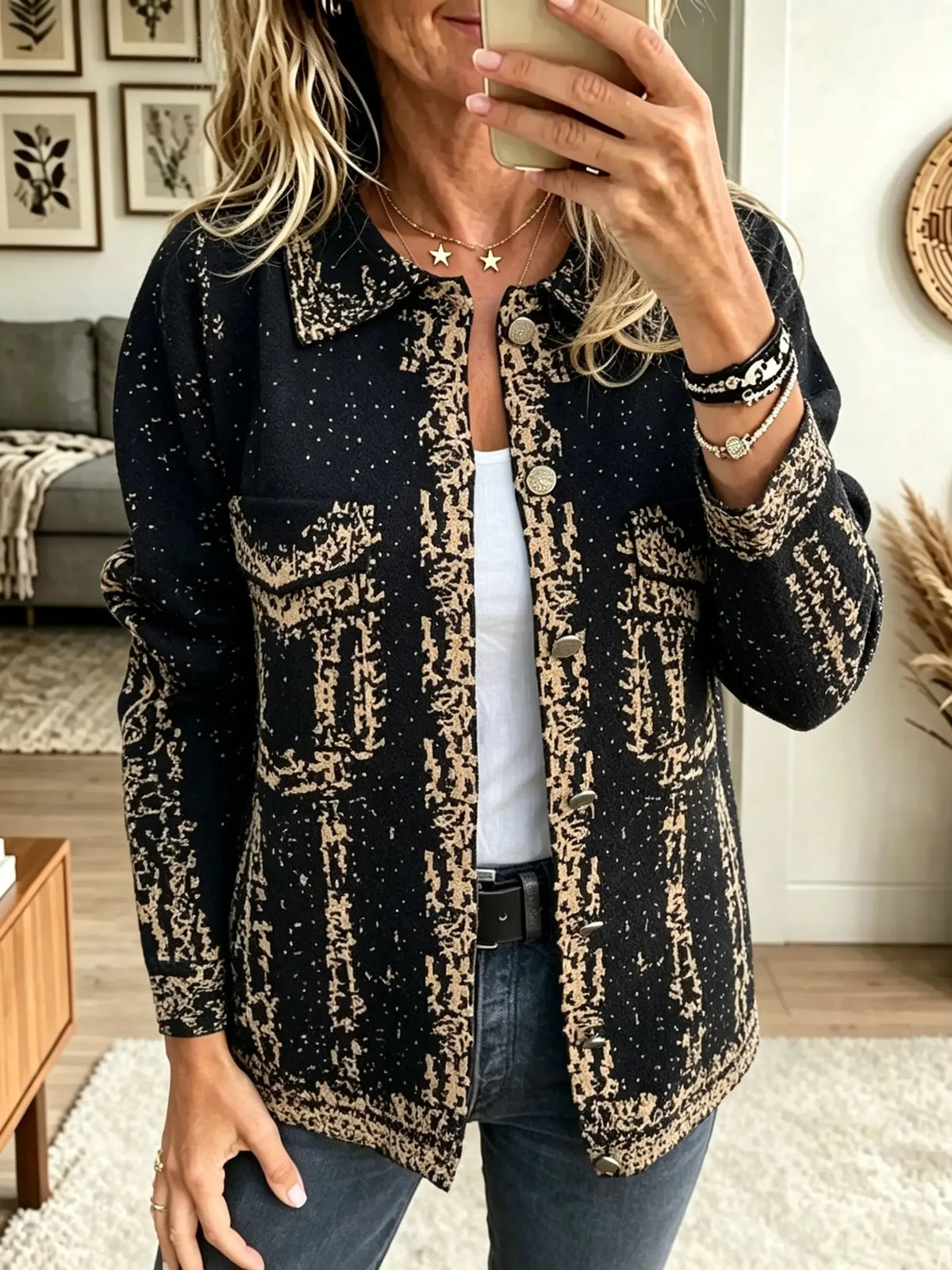 Women's Abstract Jacquard Button-Down Cardigan Jacket
