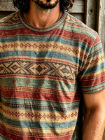 Men Navajo Ethnic Geometric Stripe Print Short Sleeve T-Shirt